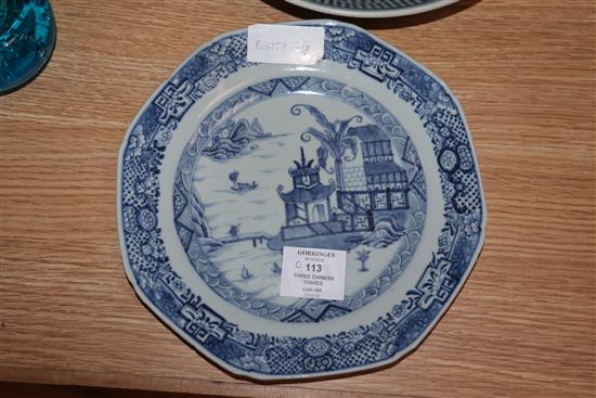 Three Chinese blue and white dishes largest 27cm